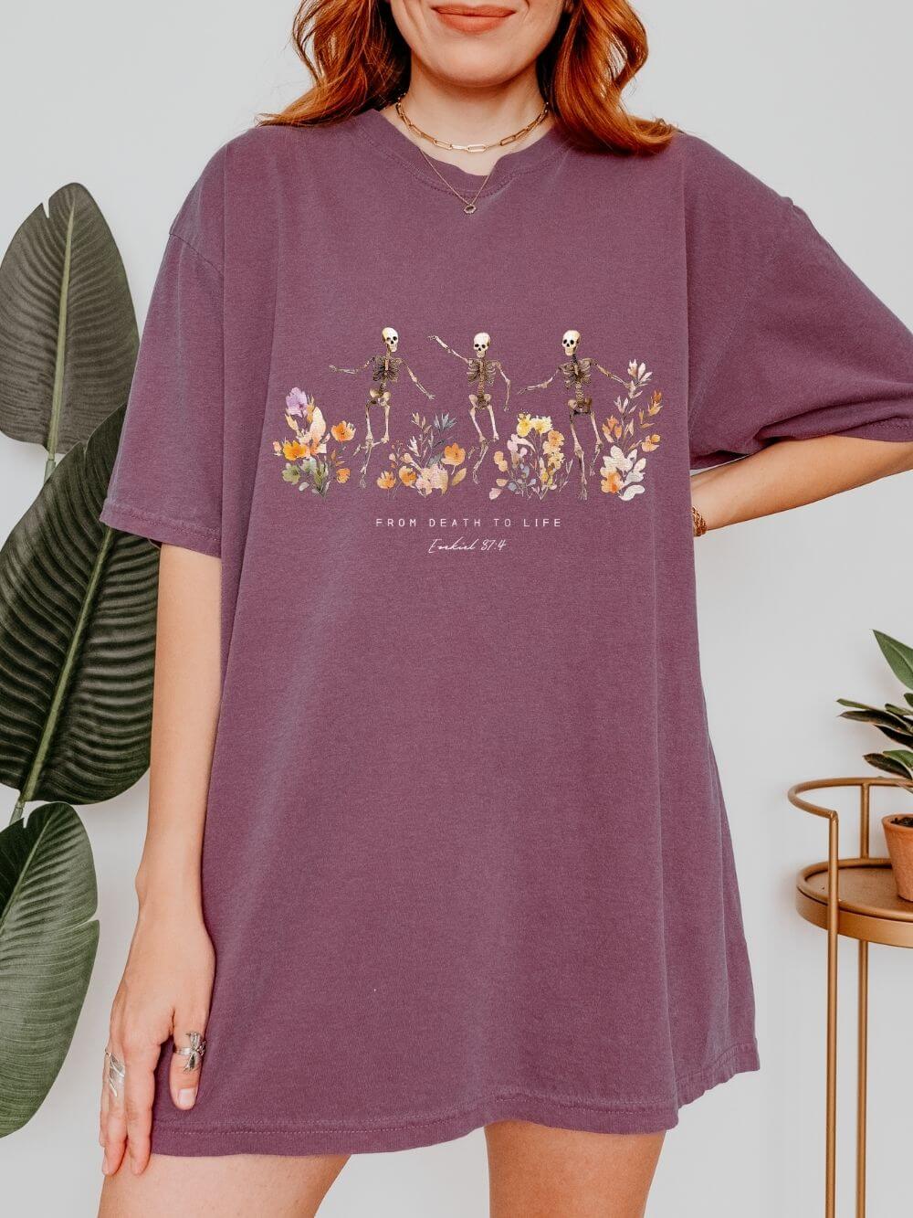 Floral Skeletons From Death to Life T-Shirt Halloween Christian Graphic Tee