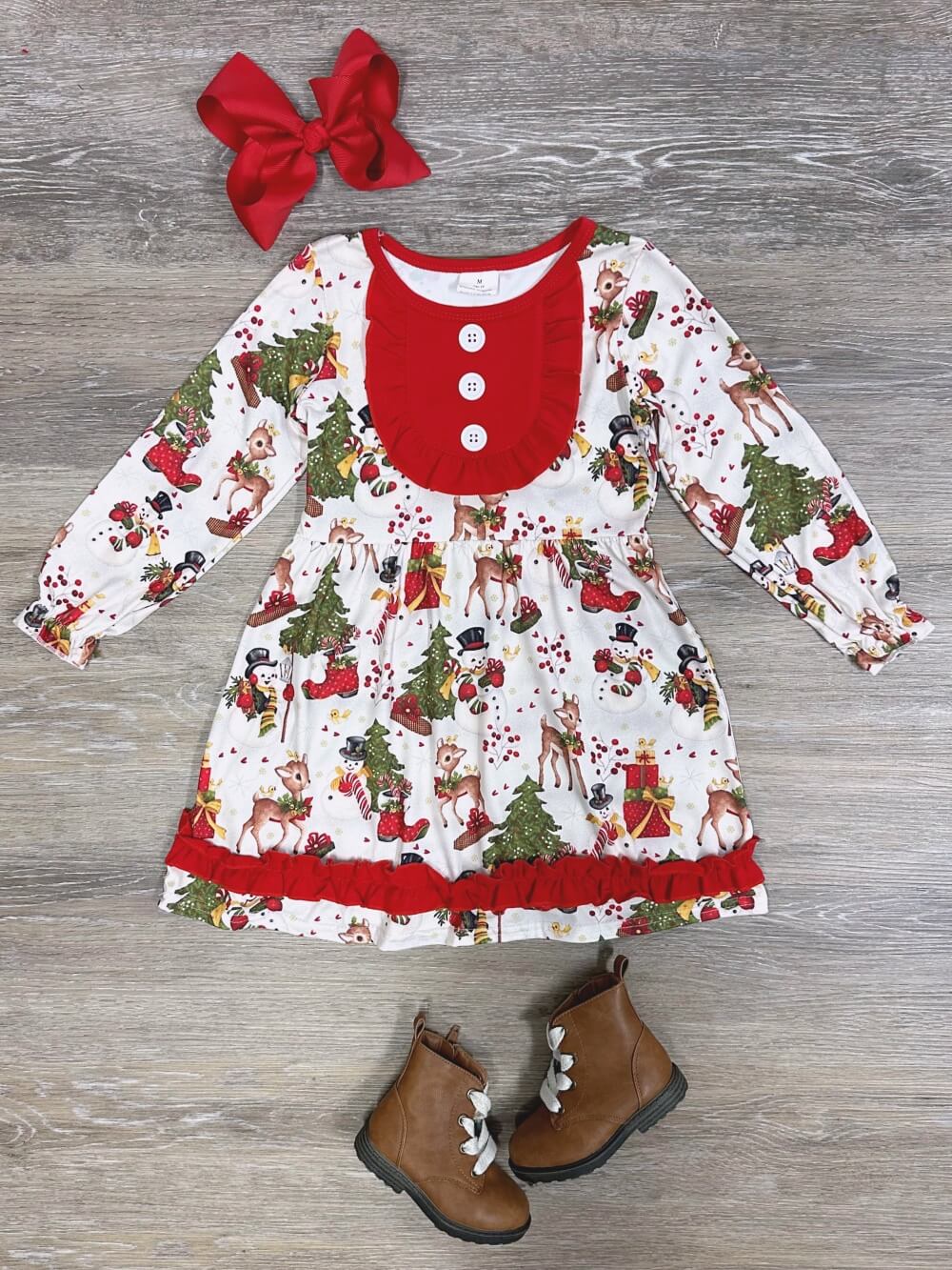 Frosty and Friends Girls Red Trim Christmas Dress - Sydney So Sweet