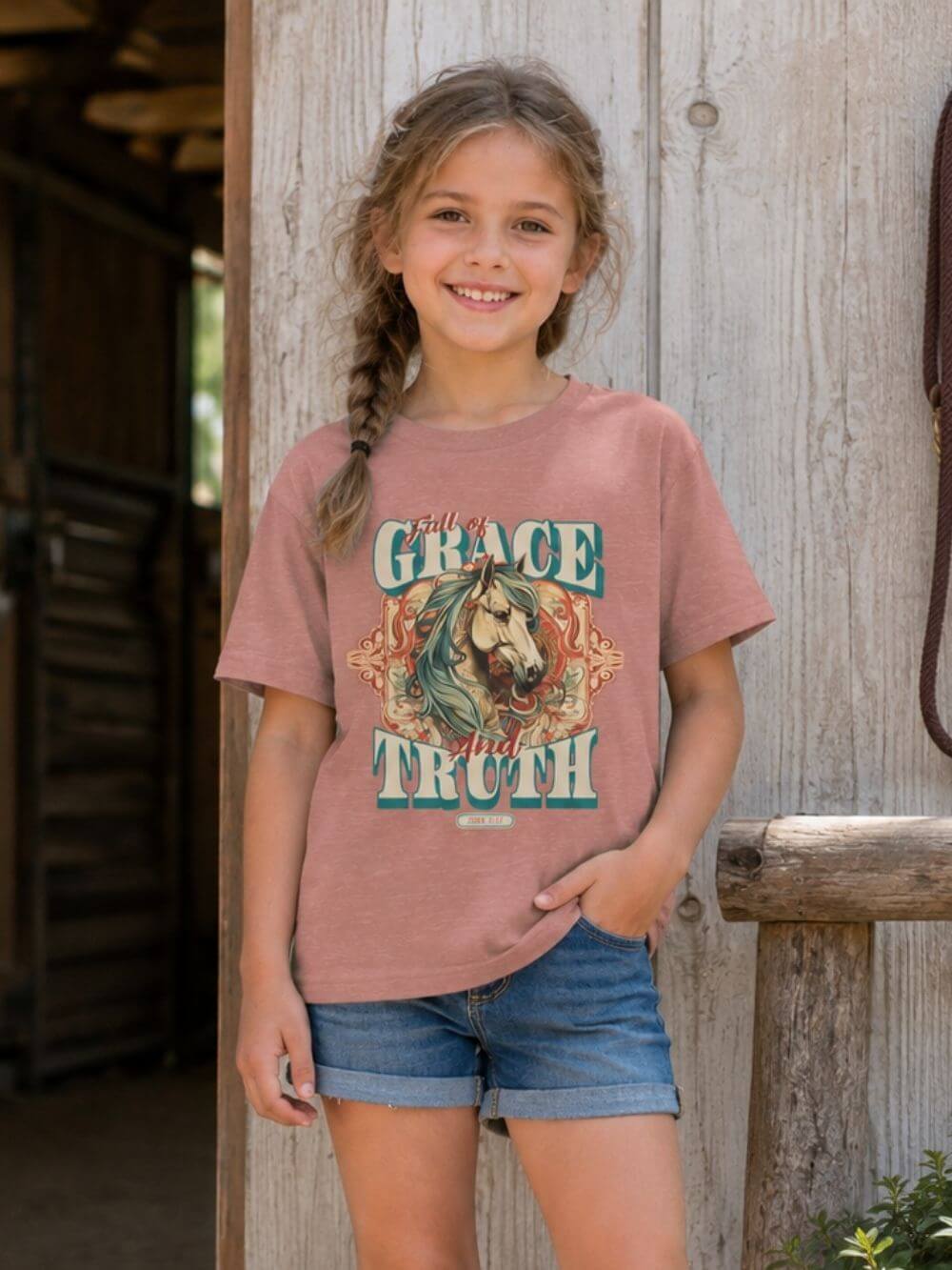 Full of Grace and Truth Kids T-Shirt Western Horse Christian Graphic Tee