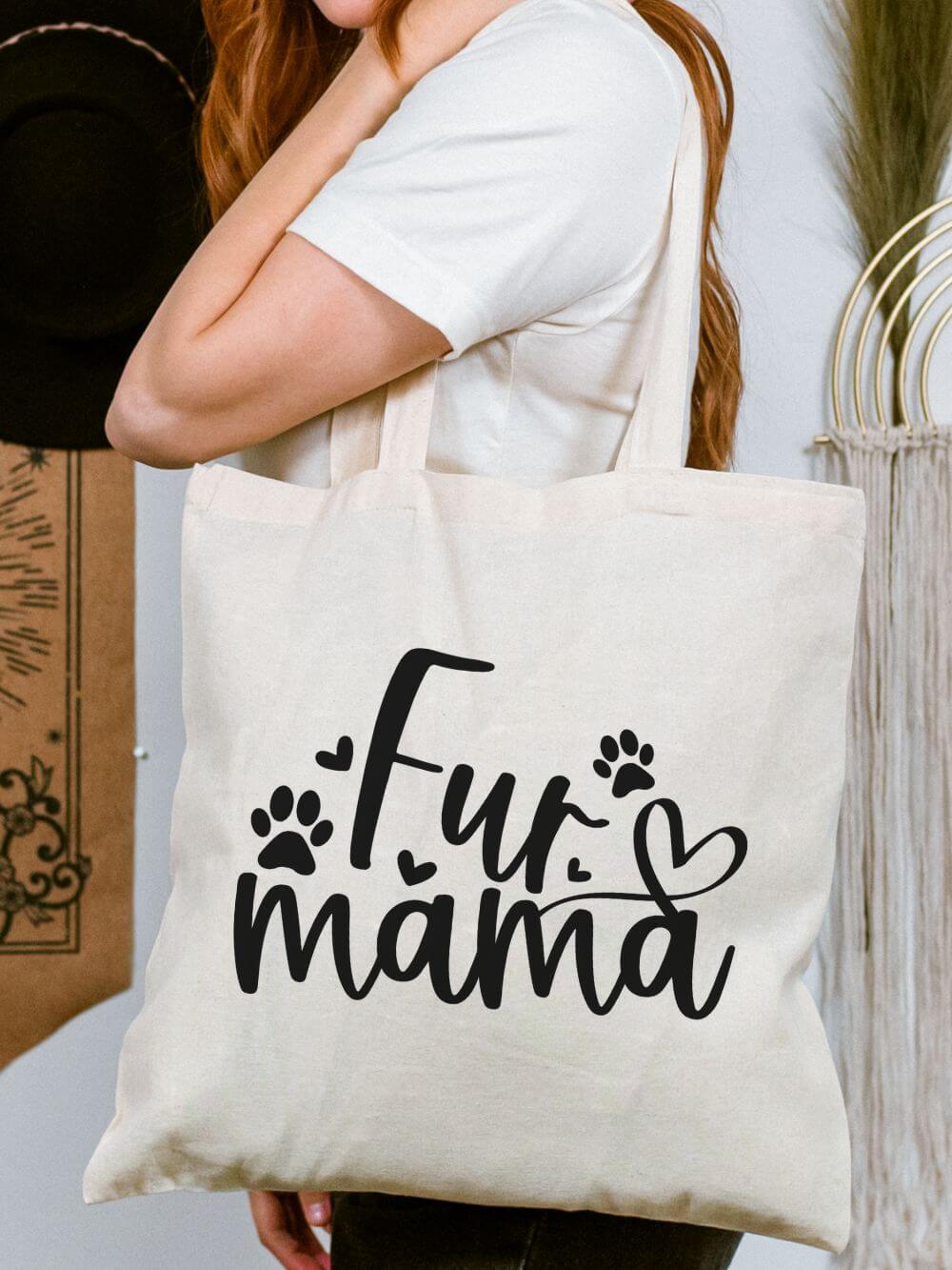 Fur Mama Cotton Canvas Shopper Cute Paw Print Tote Bag for Dog & Cat Moms