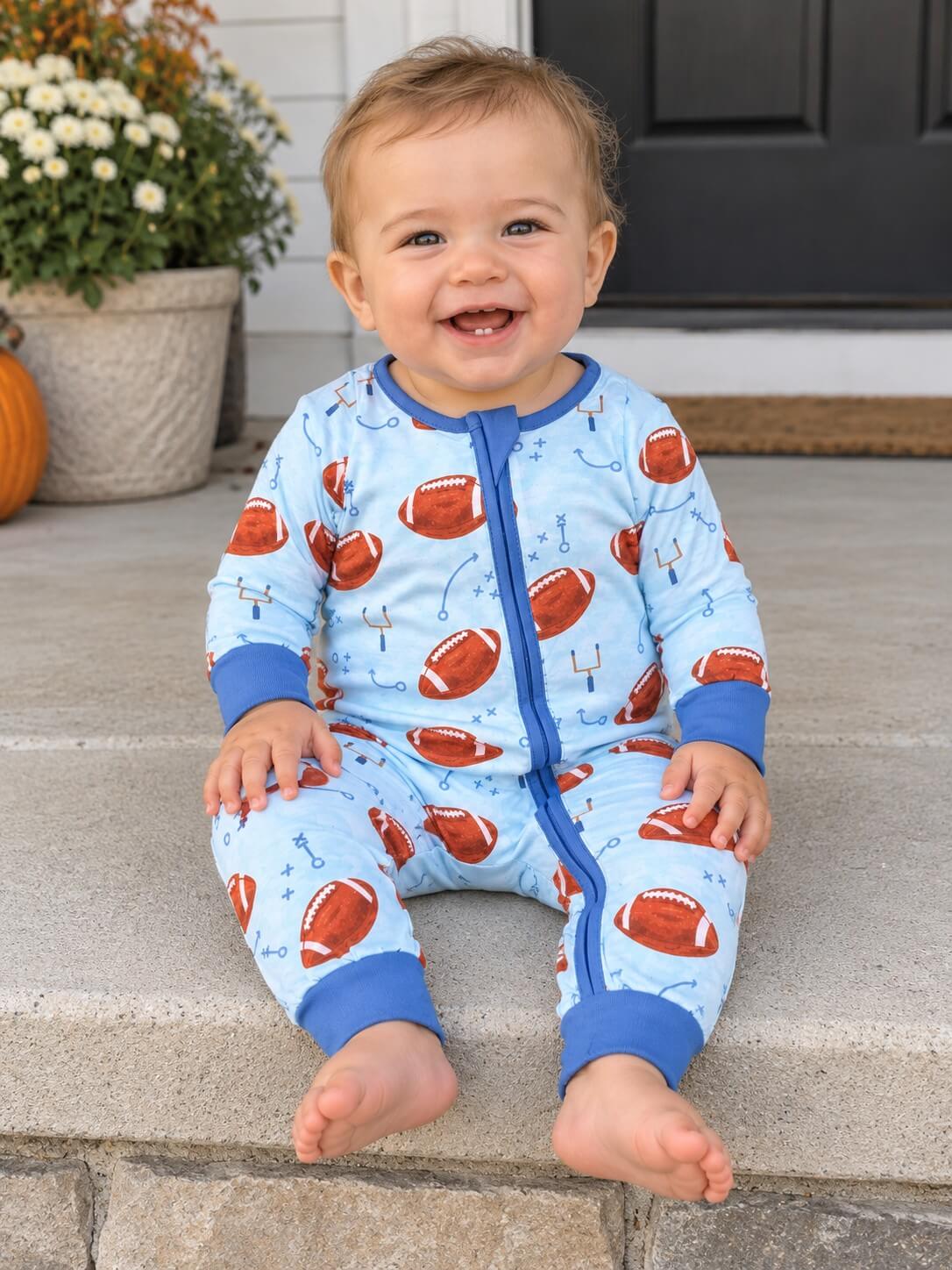 Game Day Football Boys Blue Zip Up Baby Romper