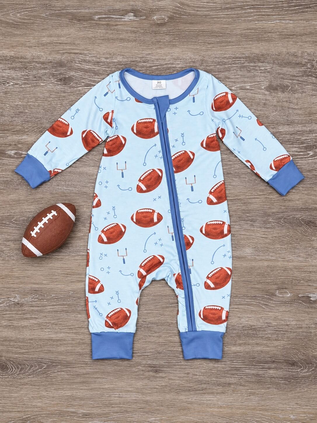 Game Day Football Boys Blue Zip Up Baby Romper