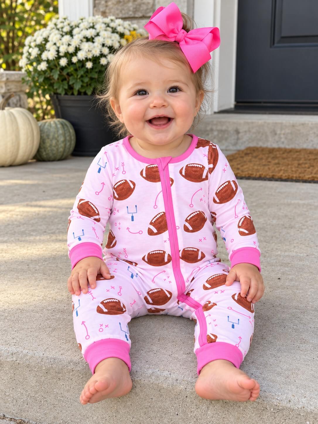 Game Day Football Girls Pink Zip Up Baby Romper