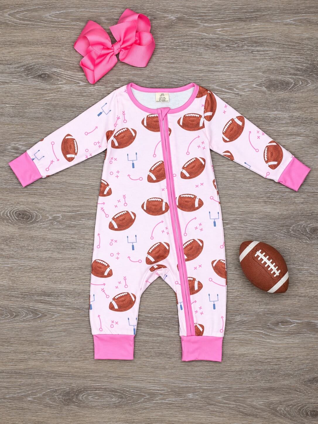 Game Day Football Girls Pink Zip Up Baby Romper