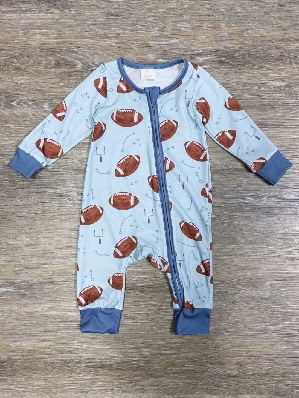 Game Day Football Light Blue Zip Up Baby Romper - Sydney So Sweet