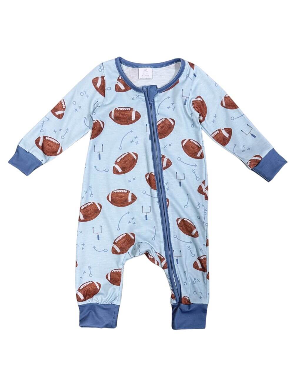 Game Day Football Light Blue Zip Up Baby Romper - Sydney So Sweet