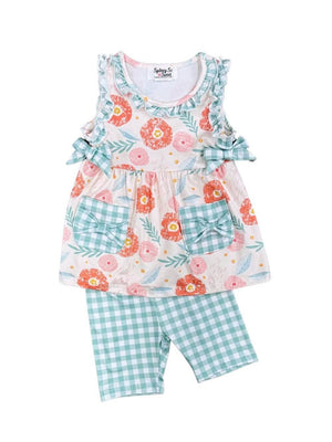 Garden Party Gingham Girls Floral & Plaid Shorts Outfit - Sydney So Sweet