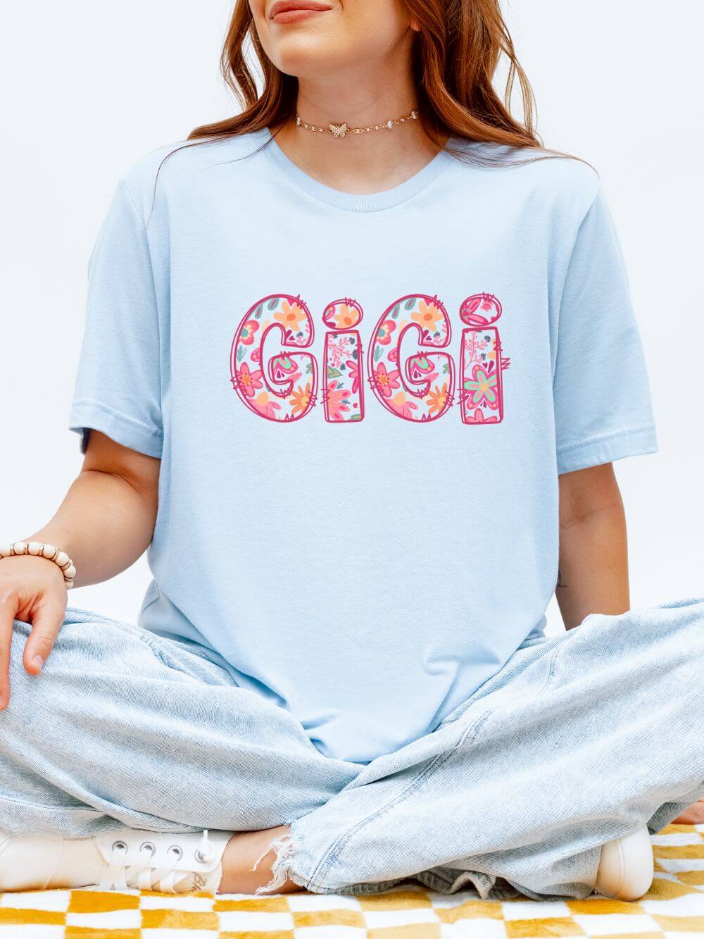 Gigi Boho Pink Floral Graphic T‑Shirt Flower Pattern Grandmother Tee