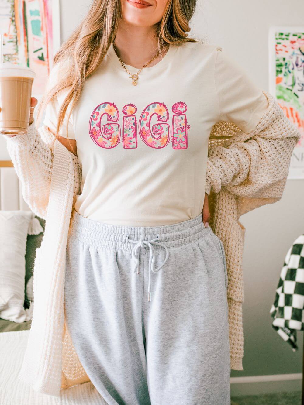 Gigi Boho Pink Floral Graphic T‑Shirt Flower Pattern Grandmother Tee