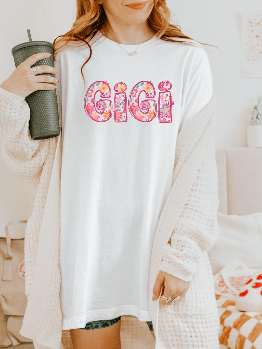 Gigi Boho Pink Floral Graphic T‑Shirt Flower Pattern Grandmother Tee