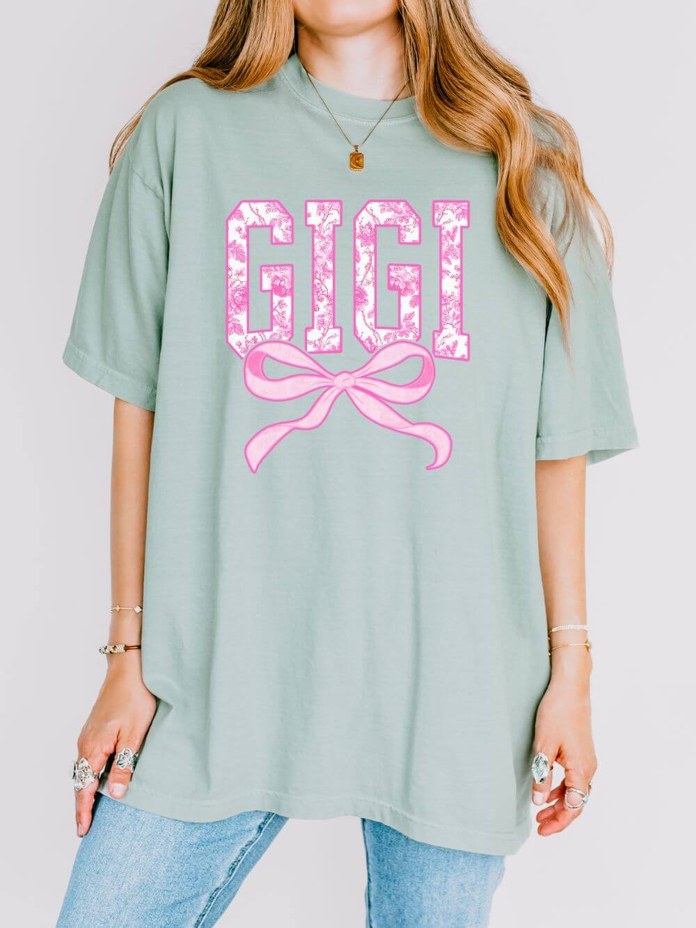 Gigi Coquette Pink Toile Bow T-Shirt Cute Grandmother Graphic Tee