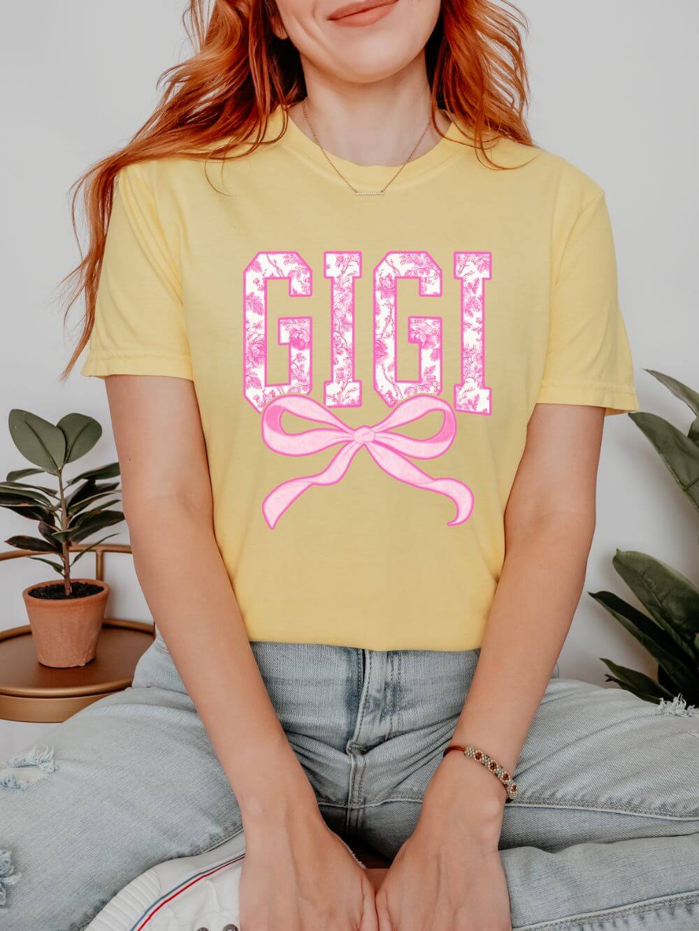 Gigi Coquette Pink Toile Bow T-Shirt Cute Grandmother Graphic Tee