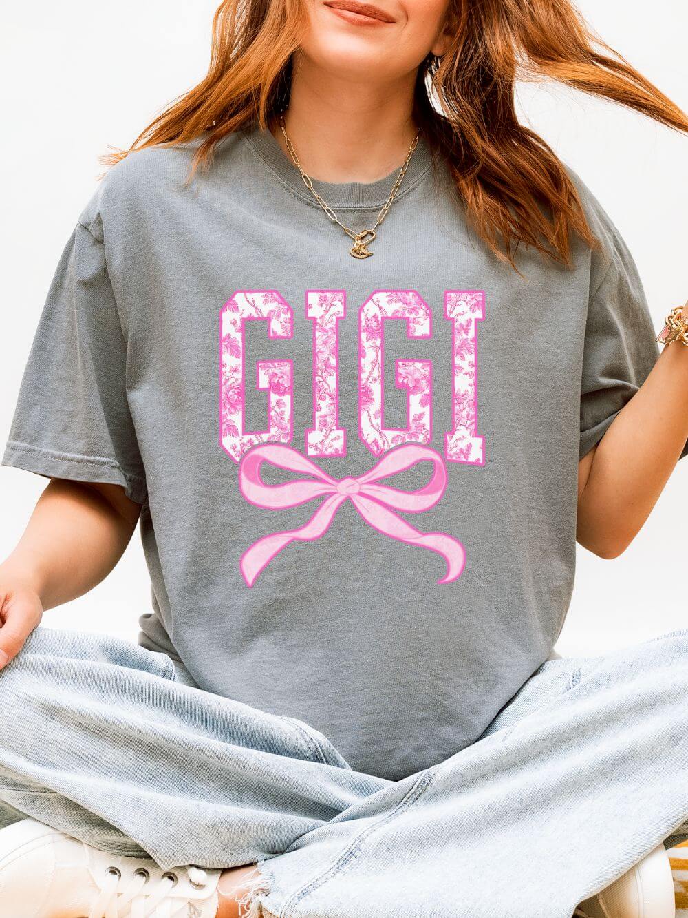 Gigi Coquette Pink Toile Bow T-Shirt Cute Grandmother Graphic Tee