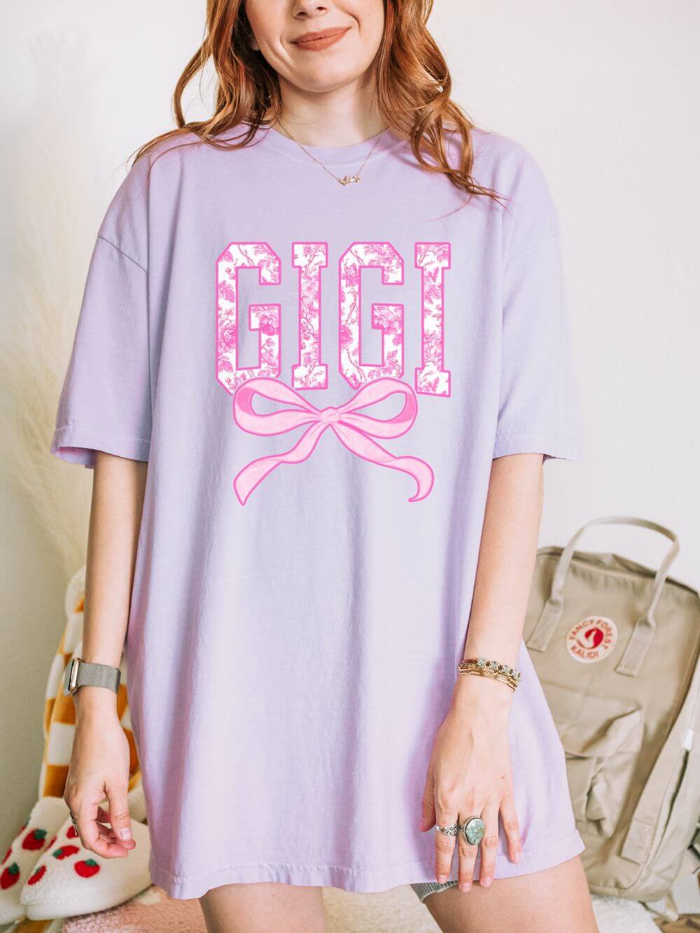 Gigi Coquette Pink Toile Bow T-Shirt Cute Grandmother Graphic Tee