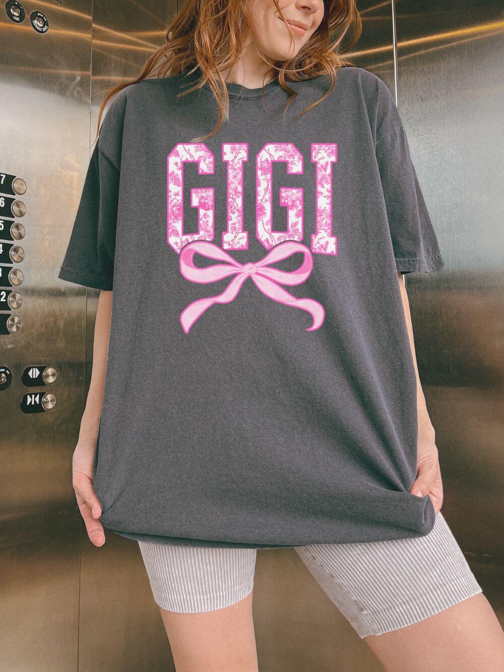Gigi Coquette Pink Toile Bow T-Shirt Cute Grandmother Graphic Tee