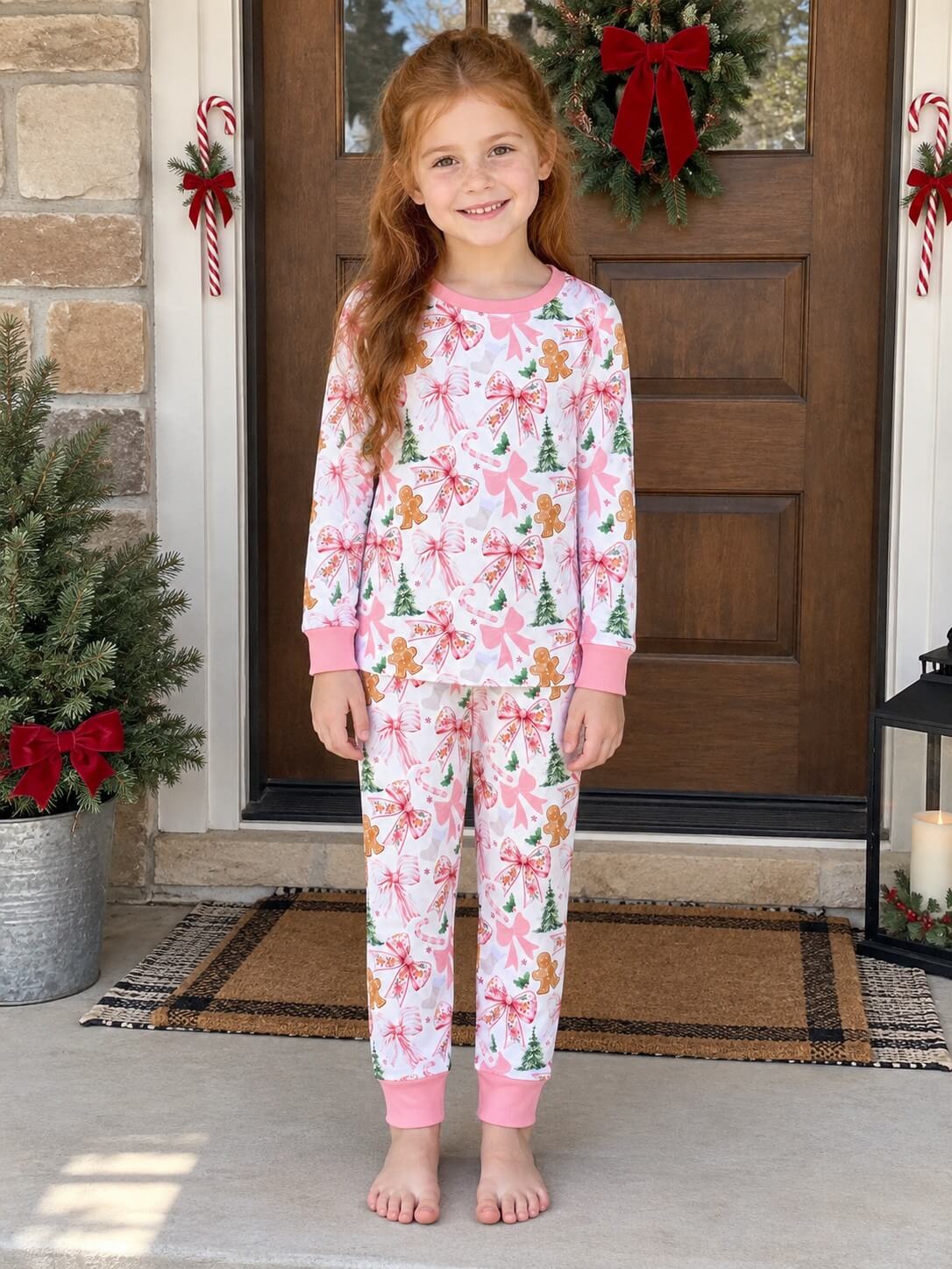 Gingerbread Coquette Christmas Bows Girls Lounge Set
