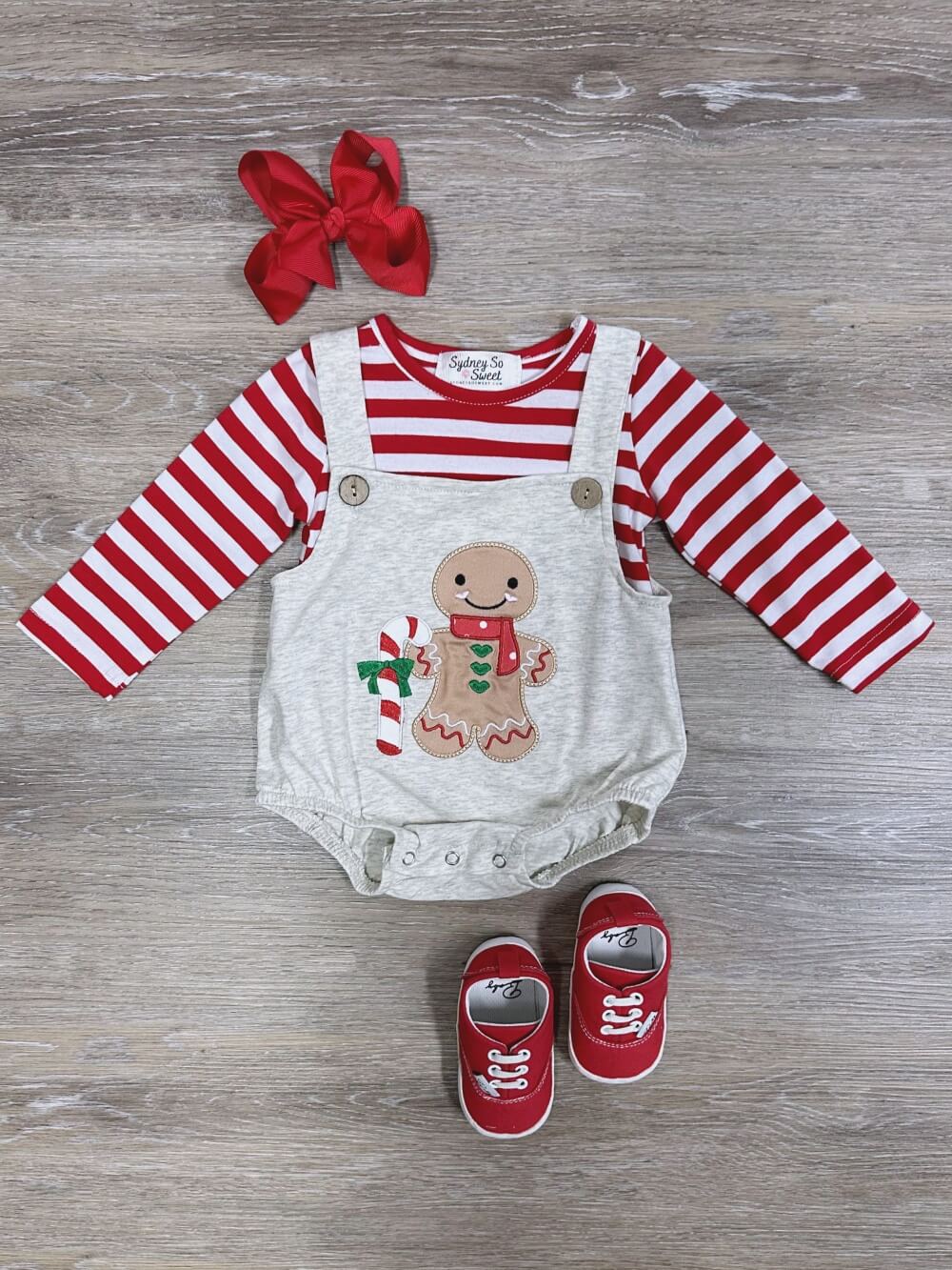 Gingerbread Cutie Girls Baby Bubble &amp; Striped Top Set - Sydney So Sweet