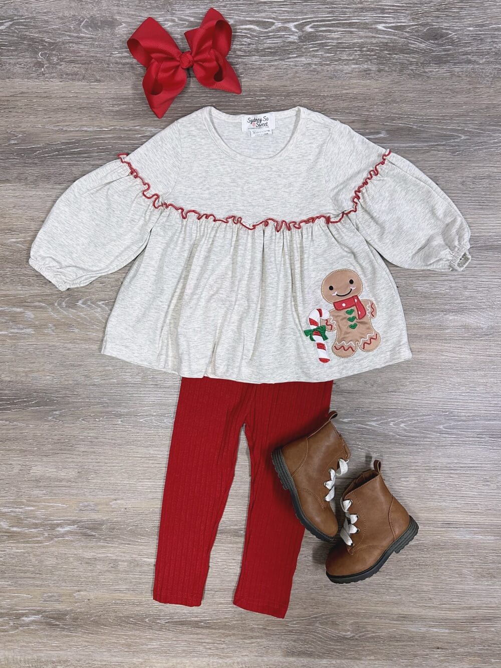 Gingerbread Cutie Girls Tunic Top &amp; Red Leggings Outfit - Sydney So Sweet