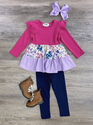 Girls Color Block Floral Long Sleeve Leggings Outfit - Sydney So Sweet