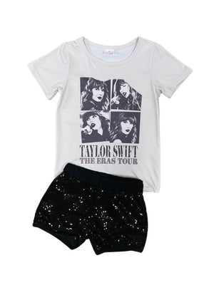 Girls Concert T-Shirt Black Sequin Shorts Outfit - Sydney So Sweet