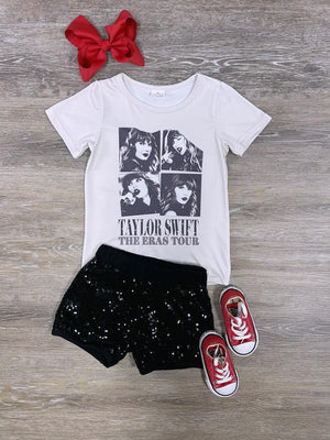 Girls Concert T-Shirt Black Sequin Shorts Outfit - Sydney So Sweet