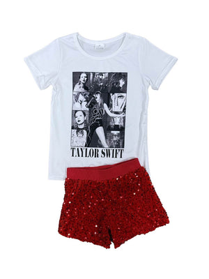 Girls Concert T-Shirt Red Sequin Shorts Outfit - Sydney So Sweet