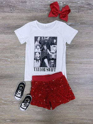 Girls Concert T-Shirt Red Sequin Shorts Outfit - Sydney So Sweet