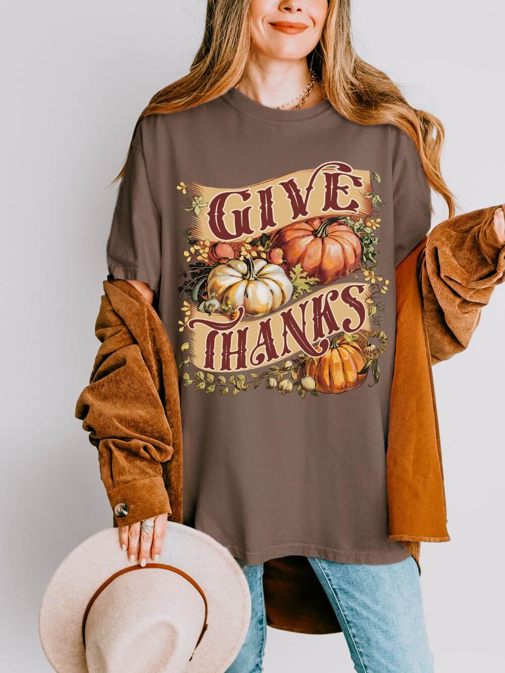 Give Thanks Pumpkin T-Shirt Vintage Thanksgiving Harvest Graphic Tee