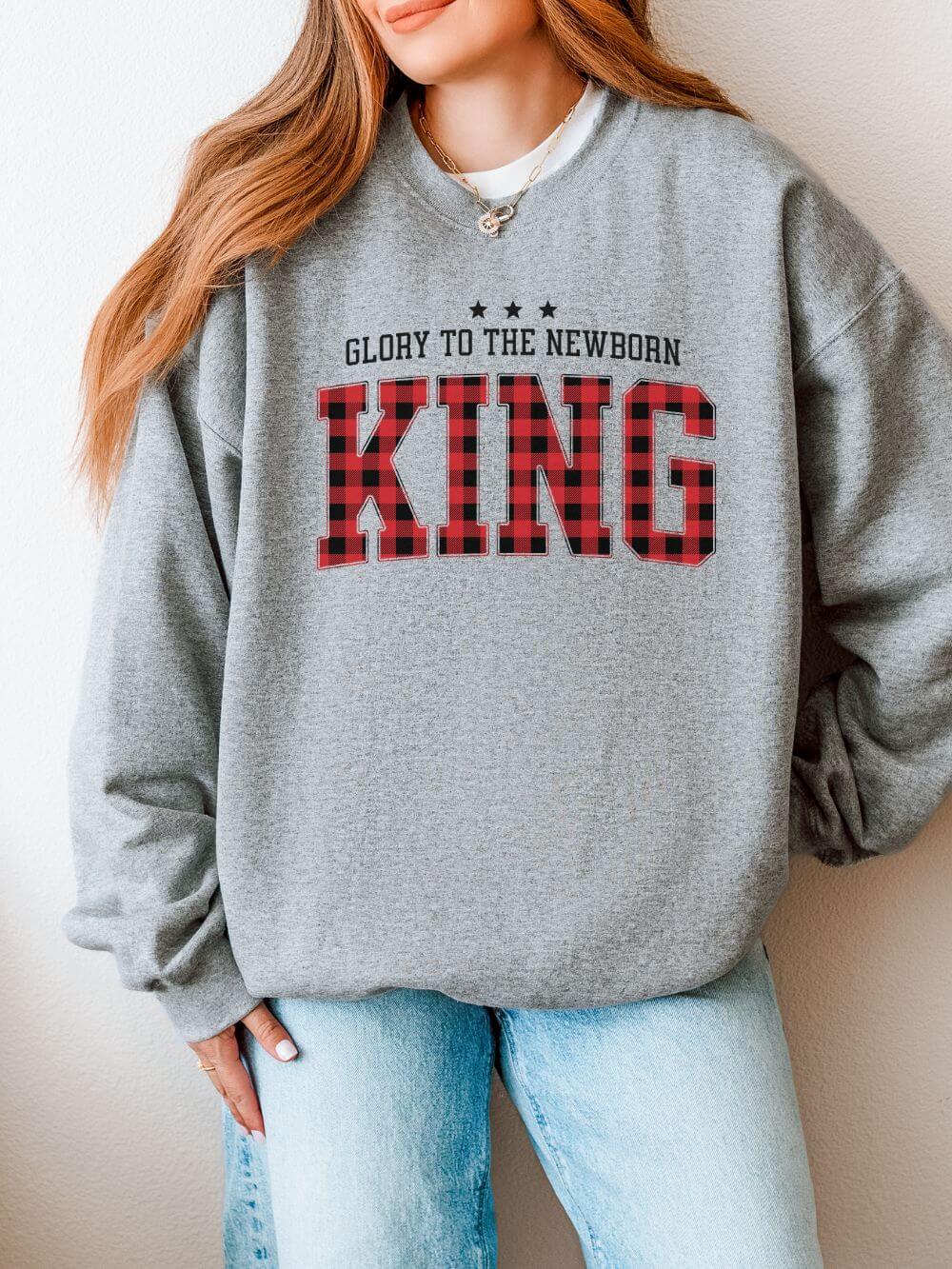 Glory to the Newborn King Christmas Season Buffalo Plaid Crewneck Unisex Sweatshirt