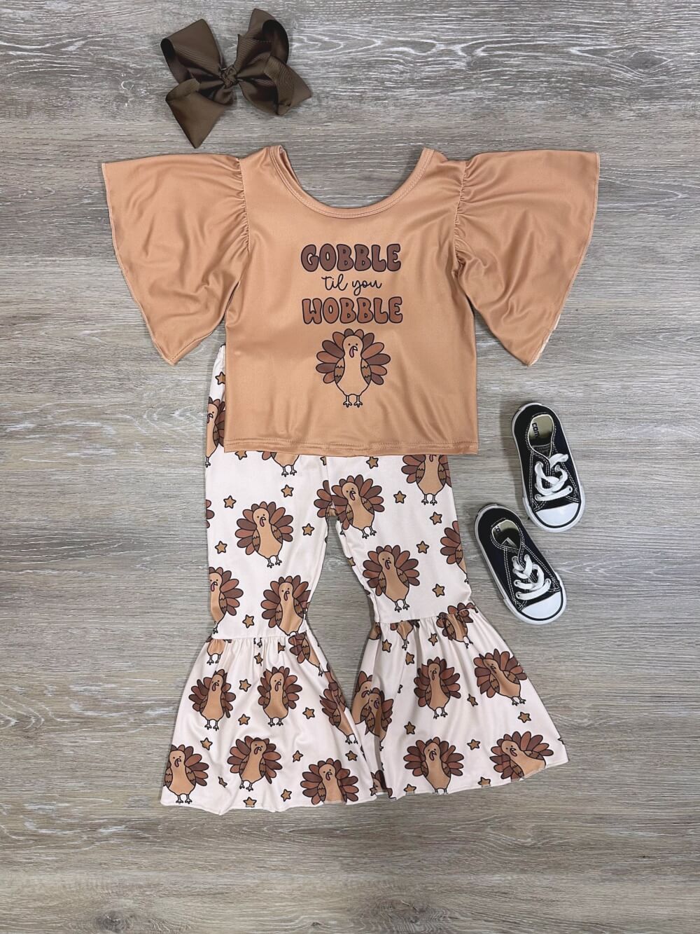 Gobble Til You Wobble Girls Thanksgiving Bell Bottom Outfit - Sydney So Sweet