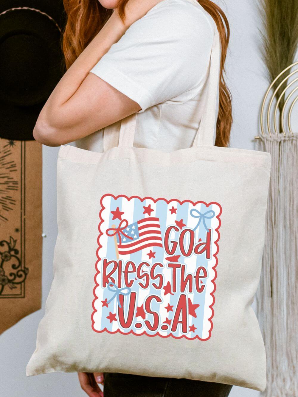 God Bless the U.S.A. Patriotic Cotton Canvas Tote Bag