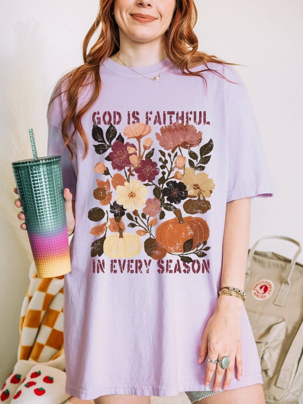 God is Faithful Floral Pumpkin T-Shirt Christian Distressed Fall Graphic Tee