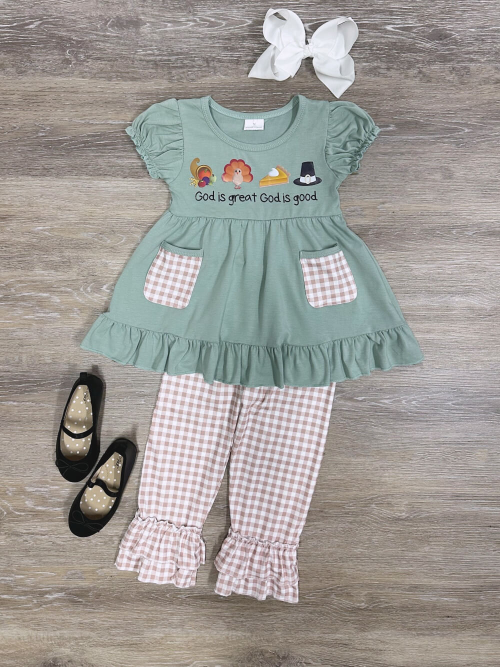 God is Great Girls Puff Sleeve Thanksgiving Outfit - Sydney So Sweet