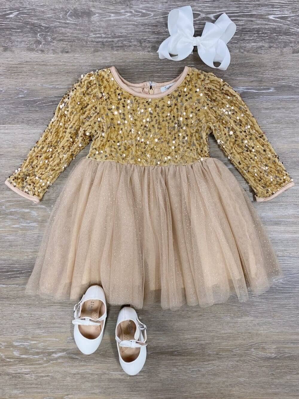 Gold Sequin Velvet &amp; Chiffon Girls Special Occasion Tutu Dress - Sydney So Sweet