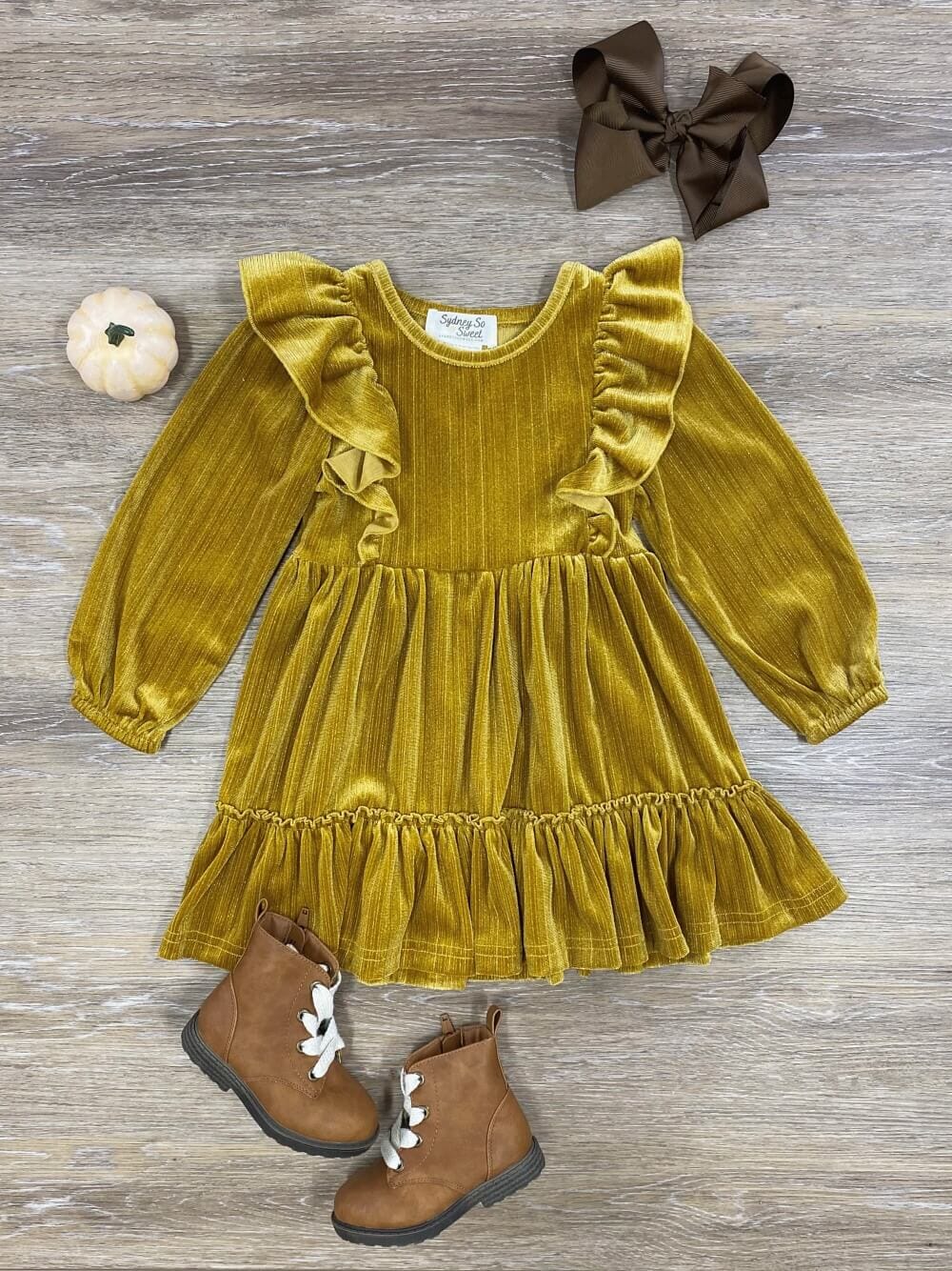 Gold Velvet Ruffle Girls Special Occasion Dress - Sydney So Sweet