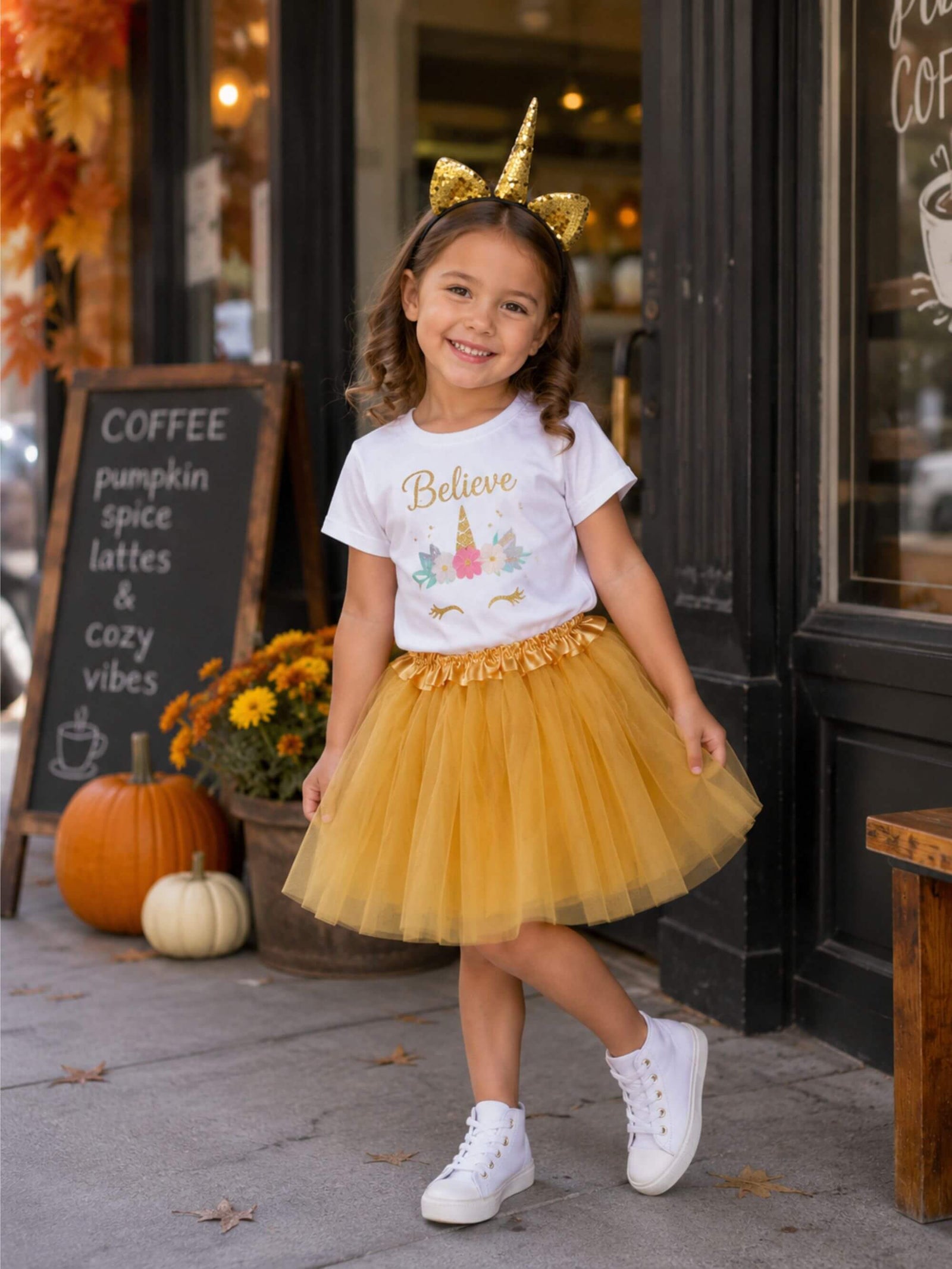 Girls Gold Unicorn Costume - Complete Kids Costume Set with Tutu & Flip Sequin Unicorn Headband Horn