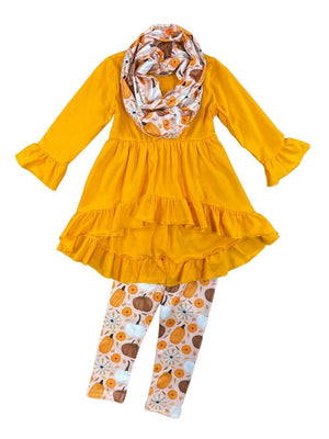 Golden Pumpkin Ruffle Tunic Girls Scarf Outfit - Sydney So Sweet