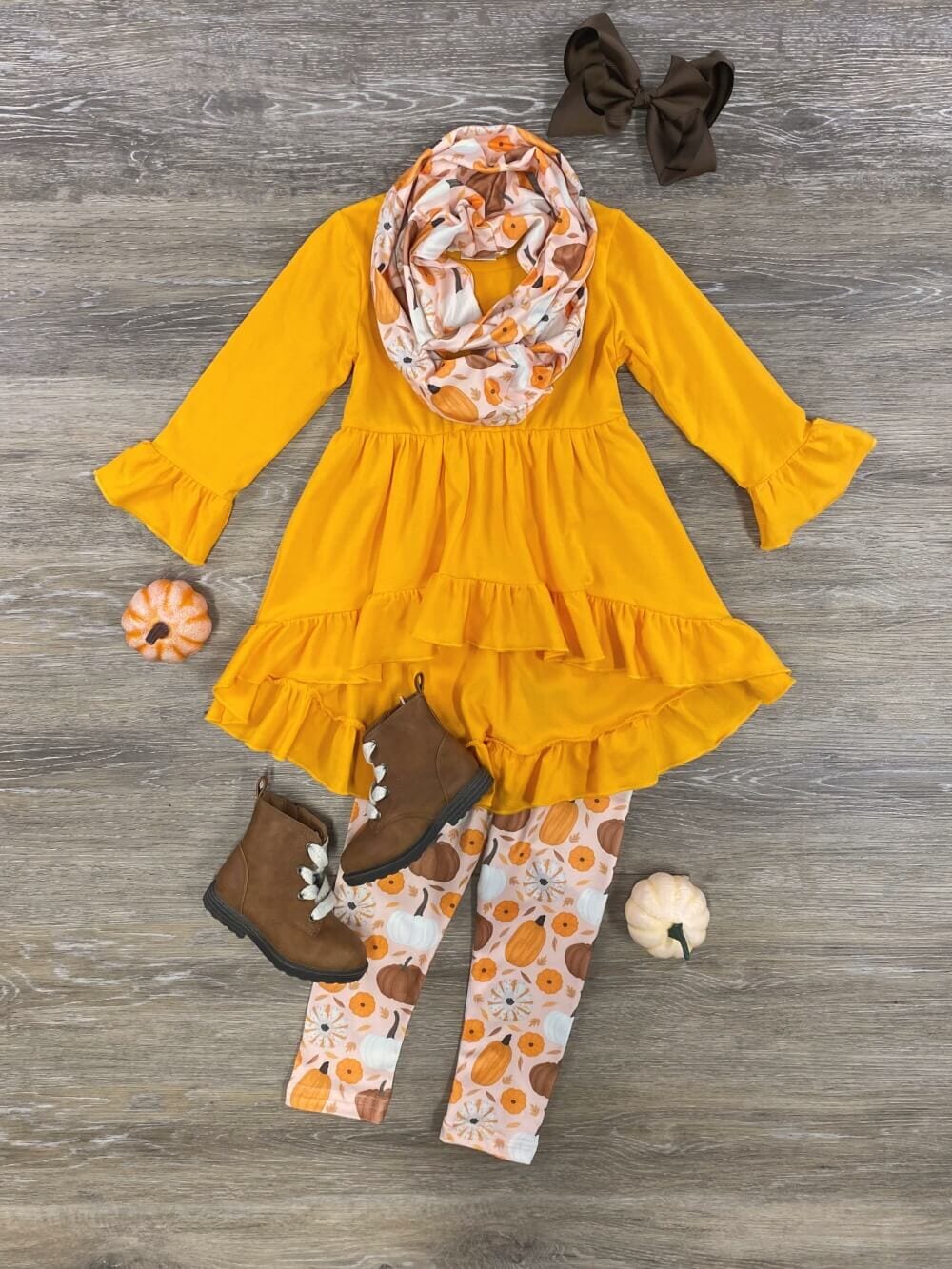 Golden Pumpkin Ruffle Tunic Girls Scarf Outfit - Sydney So Sweet
