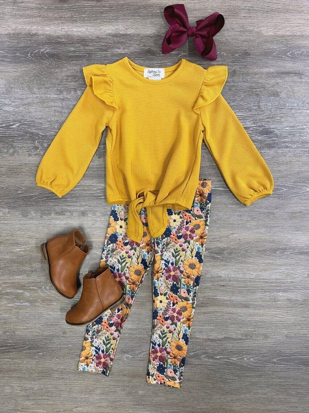 Goldenrod Sunflower Girls Tie Top Leggings Outfit - Sydney So Sweet