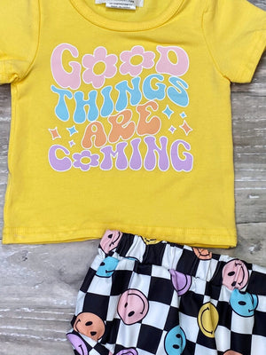 Good Things Are Coming Groovy Smiley Face Two Piece Baby Girls Outfit - Sydney So Sweet
