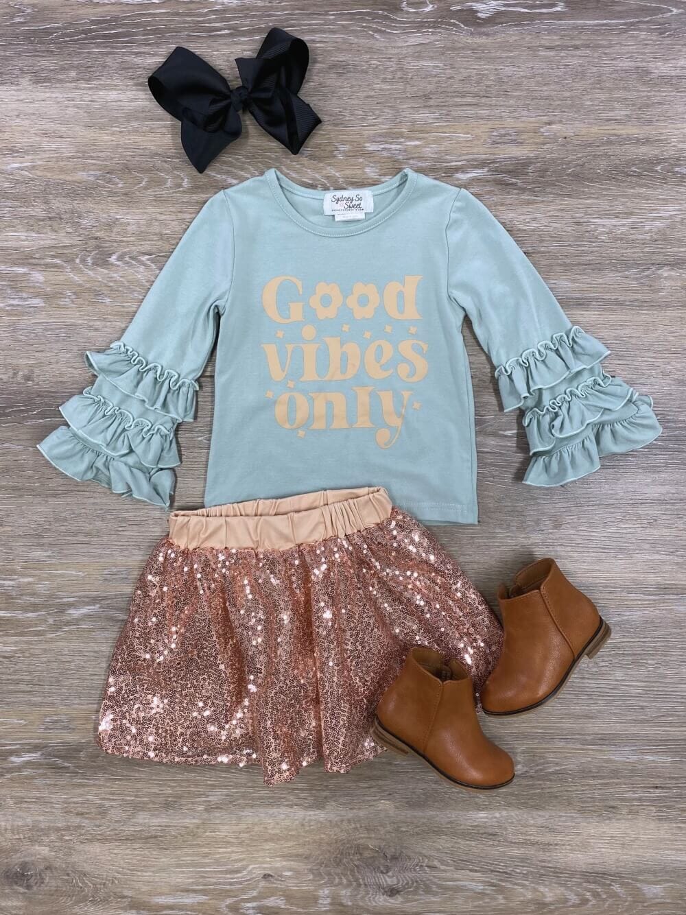 Good Vibes Only Mint & Gold Sequin Girls Skirt Outfit - Sydney So Sweet