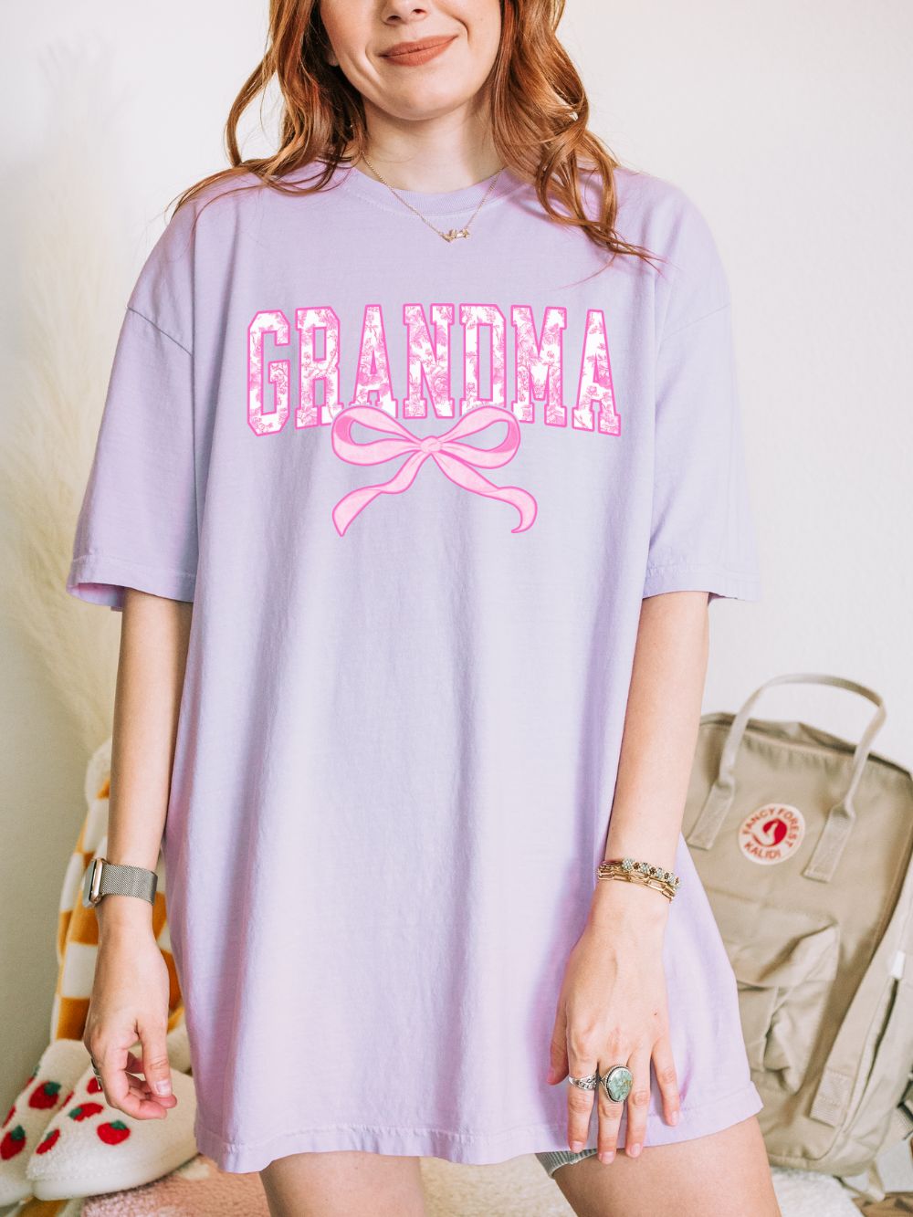 Grandma Coquette Pink Toile Bow T-Shirt Cute Grandmother Graphic Tee