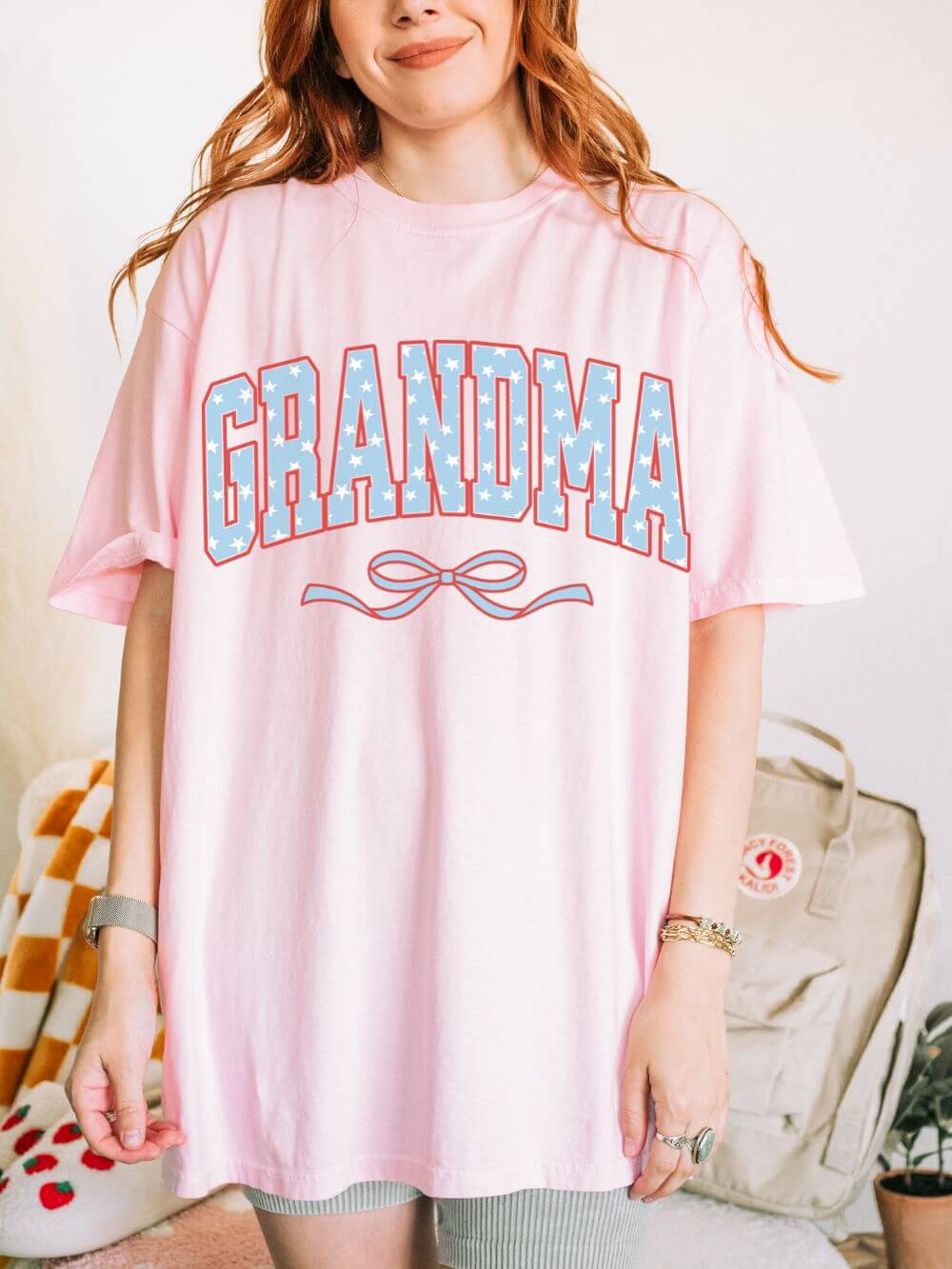 Grandma 4th of July USA Coquette Varsity Blue Bow Patriotic T-shirt Preppy Star Tee