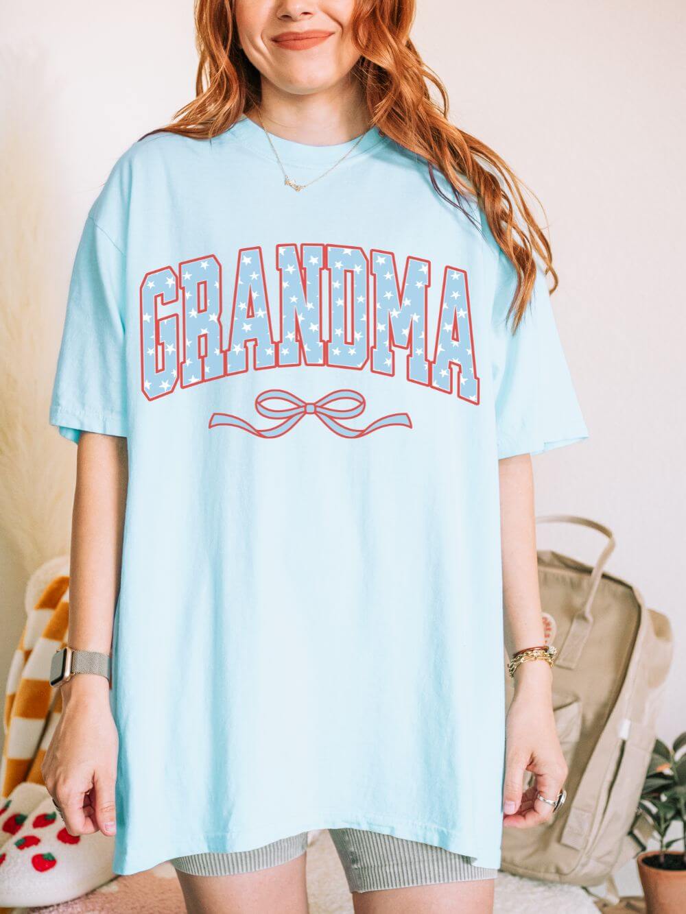 Grandma 4th of July USA Coquette Varsity Blue Bow Patriotic T-shirt Preppy Star Tee