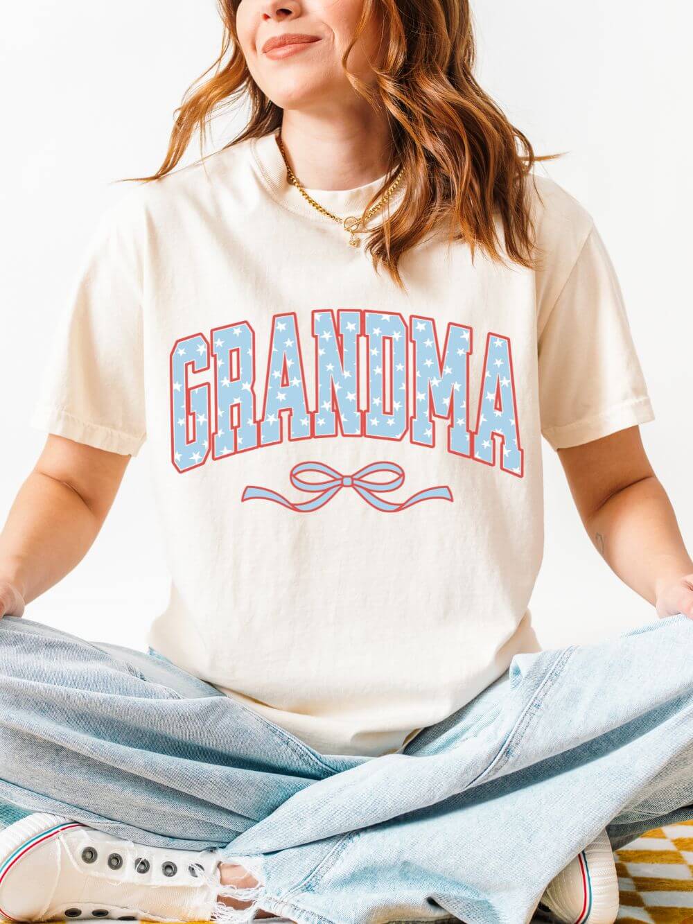 Grandma 4th of July USA Coquette Varsity Blue Bow Patriotic T-shirt Preppy Star Tee