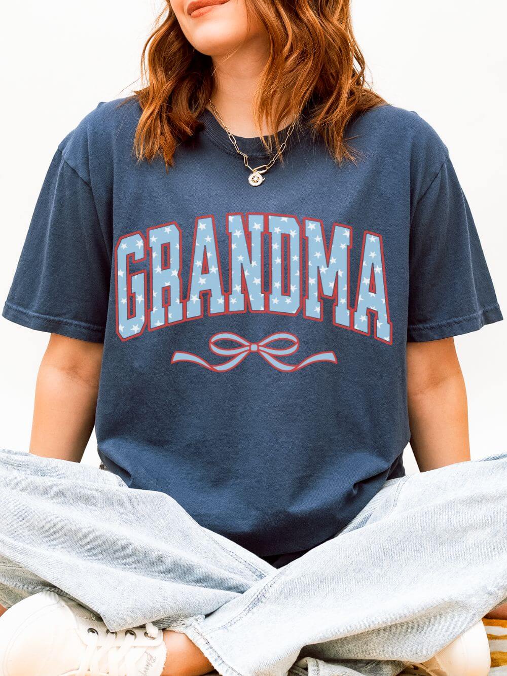 Grandma 4th of July USA Coquette Varsity Blue Bow Patriotic T-shirt Preppy Star Tee