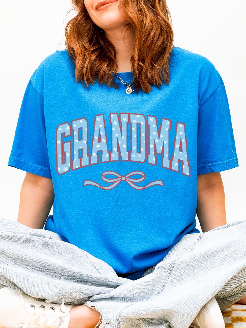 Grandma 4th of July USA Coquette Varsity Blue Bow Patriotic T-shirt Preppy Star Tee