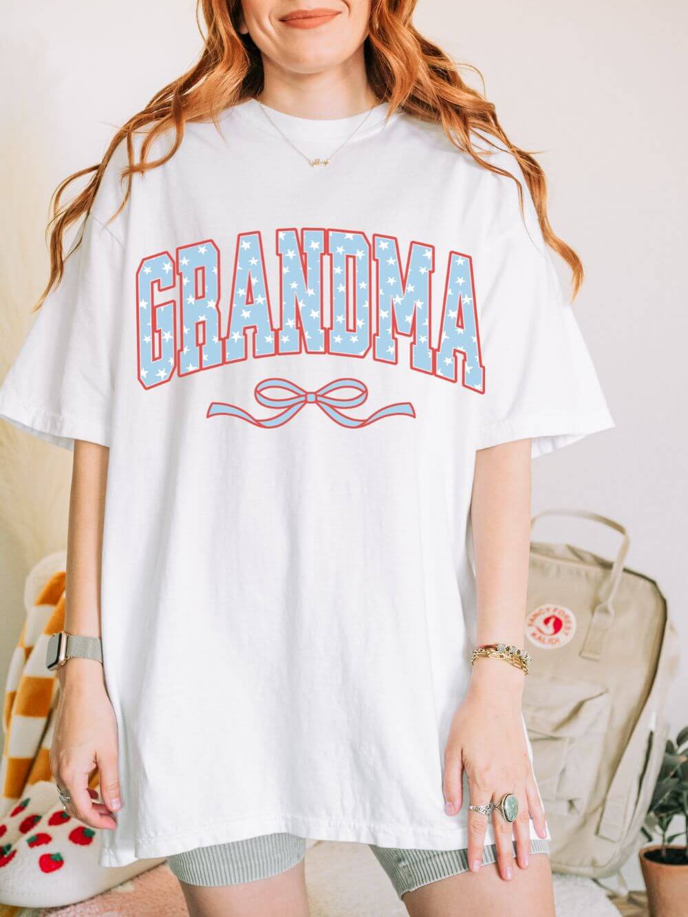 Grandma 4th of July USA Coquette Varsity Blue Bow Patriotic T-shirt Preppy Star Tee