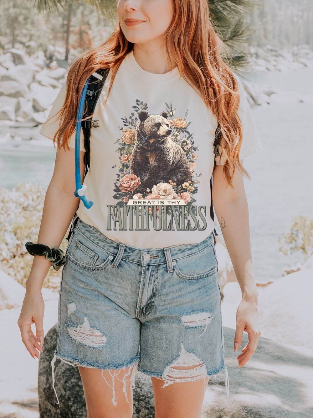 Great is Thy Faithfulness T-Shirt Grizzly Bear Christian Distressed Tee