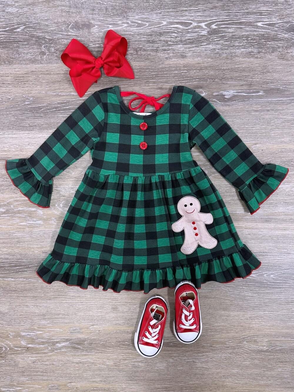 Green Buffalo Plaid Girls Gingerbread Man Ruffle Trim Dress - Sydney So Sweet